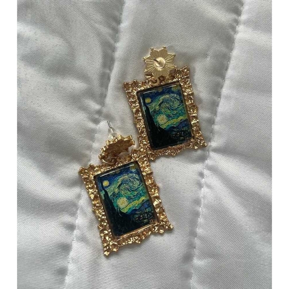 New Van Gogh Painting Framed Earrings Gold Starry Night Artwork Dangle Star - Picture 5 of 5
